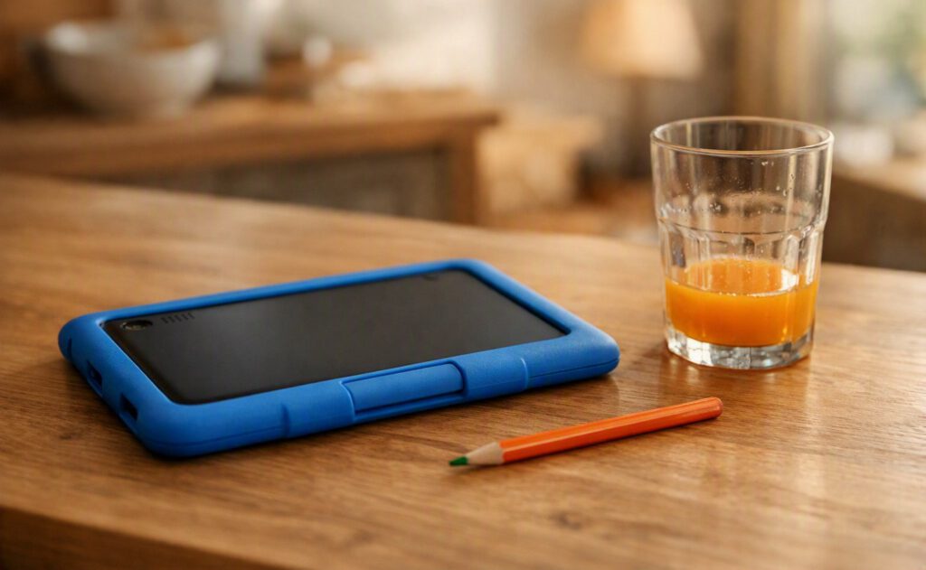 Tablet eines Kindes, umgedreht auf dem Küchentisch neben Buntstiften — die Pause, die eine Kindersicherung strukturiert
