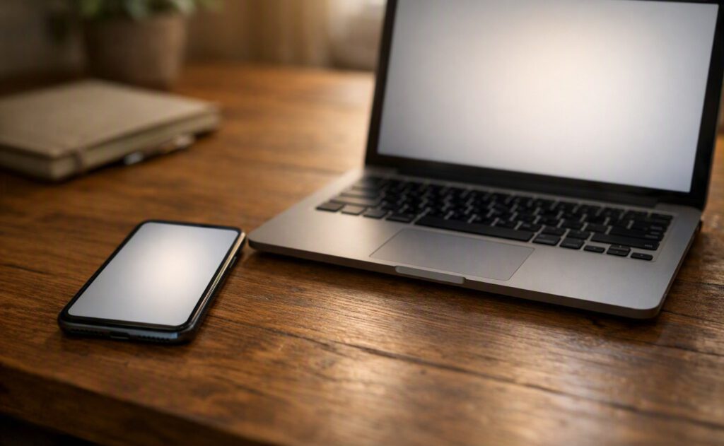 Smartphone neben einem aufgeklappten Laptop — ein Passwort-Manager, der auf jedem Gerät mitkommt