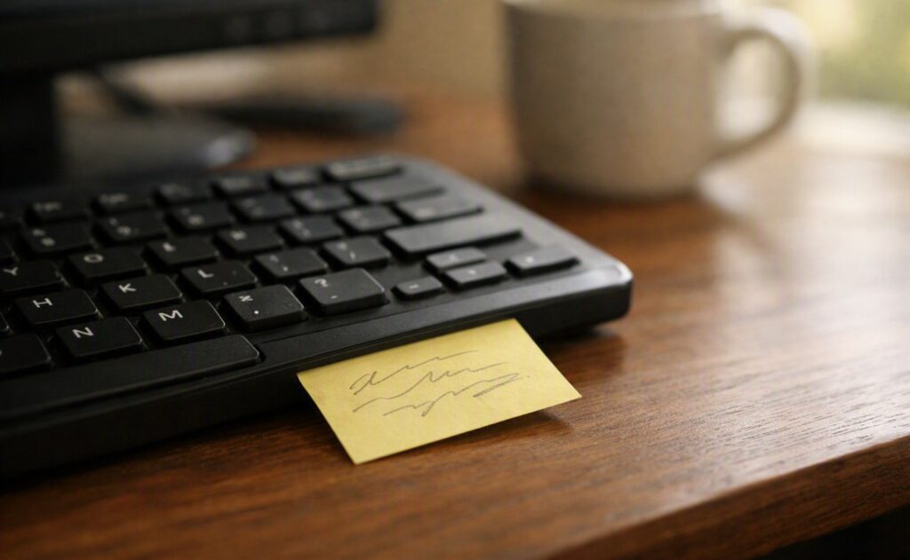 Notizzettel unter einer Computertastatur — die Gewohnheit, die ein Passwort-Safe ablöst