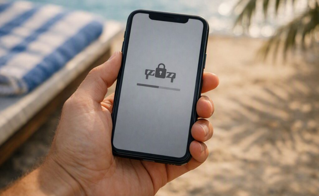 Hand mit Smartphone am Strand — die Serie im Urlaub ist gesperrt